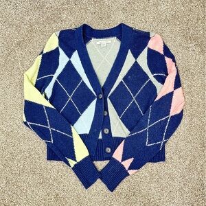 American Eagle - Argyle Pink Yellow Navy And Green Cropped Button Down Sweater